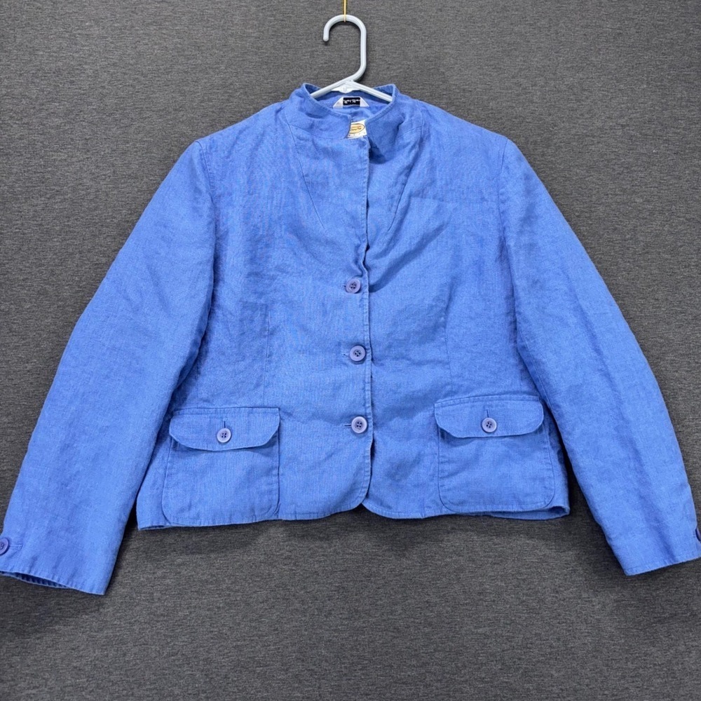 Talbots Jacket Womens Petite 14 Irish Linen Blue Cropped Button Front Flap‎